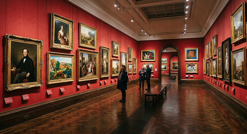 Красный цвет в интерьере картинной галереи Красный цвет в интерьере картинной галереи
