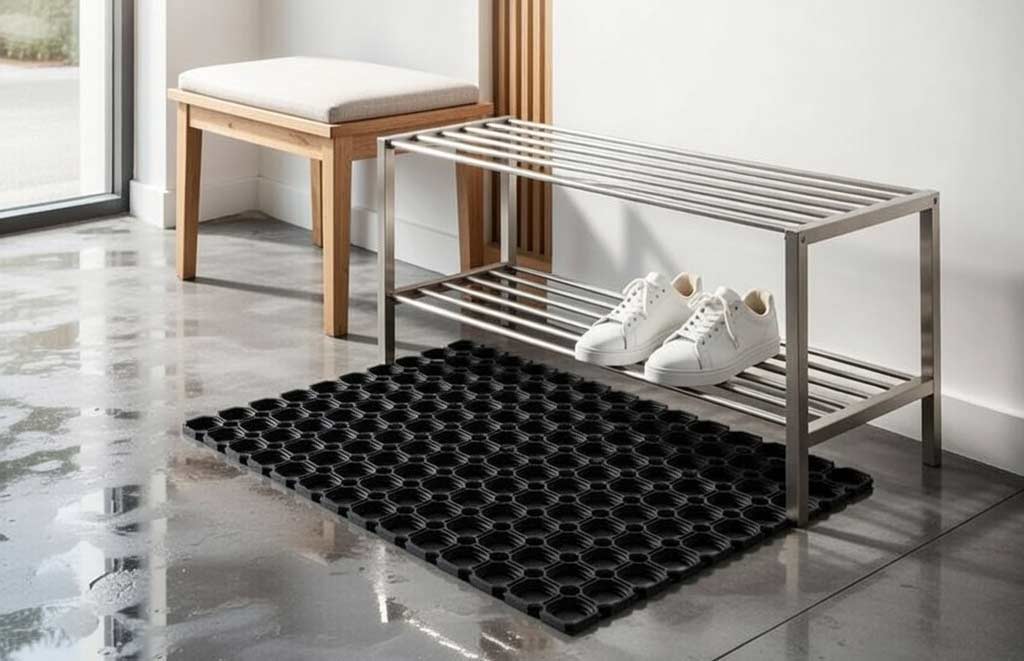 Грязезащитный ячеистый коврик у обувницы