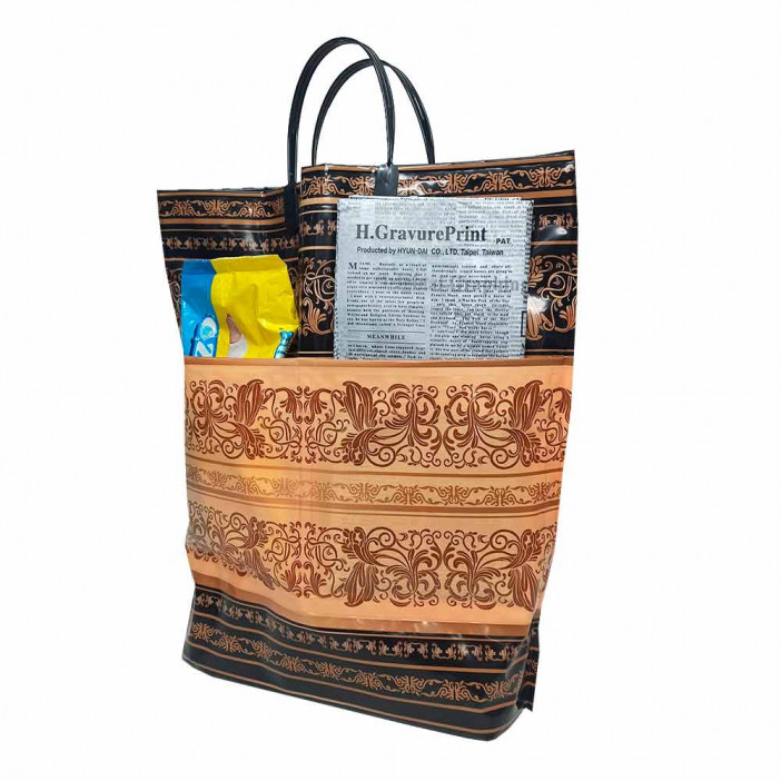 Сумка с пластмассовыми ручками многослойная с карманами Золотые узоры 37*37см