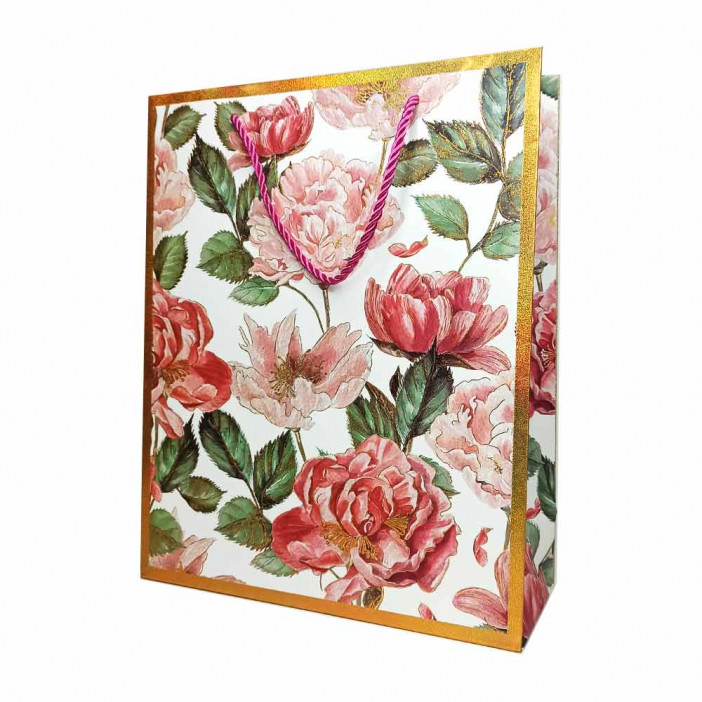 Пакет ЛЮКС Пионы с золотой каемкой размер 26*32*10см