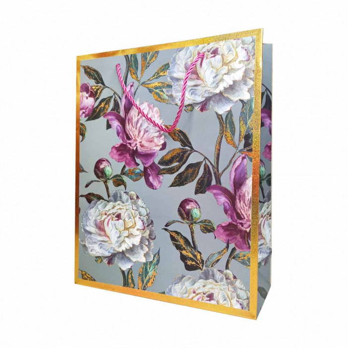 Пакет ЛЮКС Пионы с золотой каемкой размер 26*32*10см