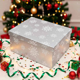 Коробка прямоугольная НГ Снежинка голография серая в 5-ти размерах