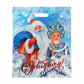 Пакет с вырубной ручкой Снегурочка и Дед Мороз с мешком 38*47см 60 мкм 50шт