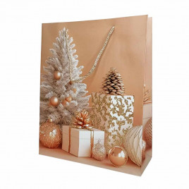 Пакет ЛЮКС НГ Елки, подарки, шары с блестками размер 26*32*10см