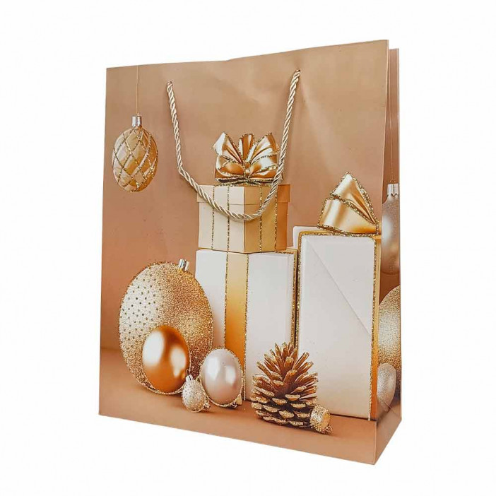 Пакет ЛЮКС НГ Елки, подарки, шары с блестками размер 26*32*10см