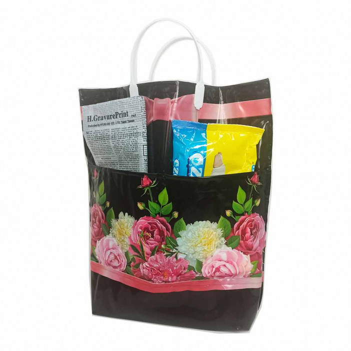 Сумка с пластмассовыми ручками многослойная с карманами Розы 37*37см