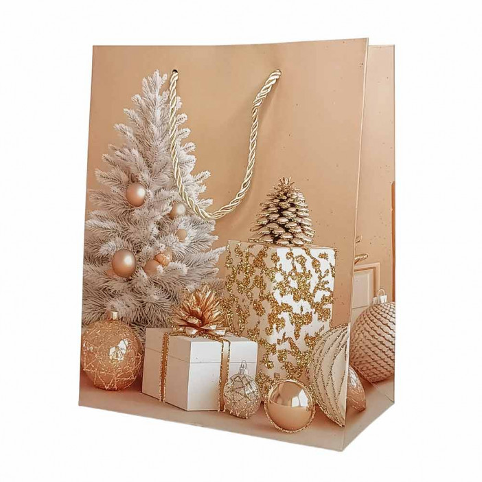 Пакет ЛЮКС НГ Елки, подарки, шары с блестками размер 18*23*10см