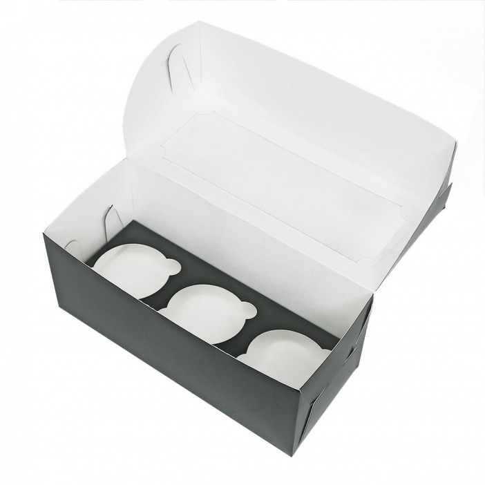 Коробка под капкейки на 3шт с окном черная размер 235*100*100мм