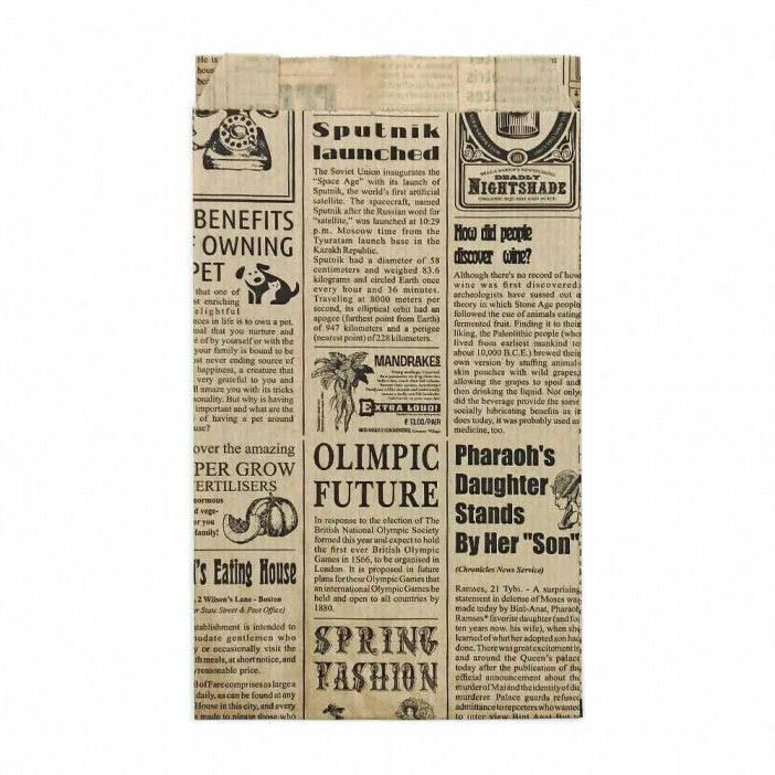 Пакет бумажный крафт Газета с плоским дном 40г/м2 размер 25*14*6см уп 10шт