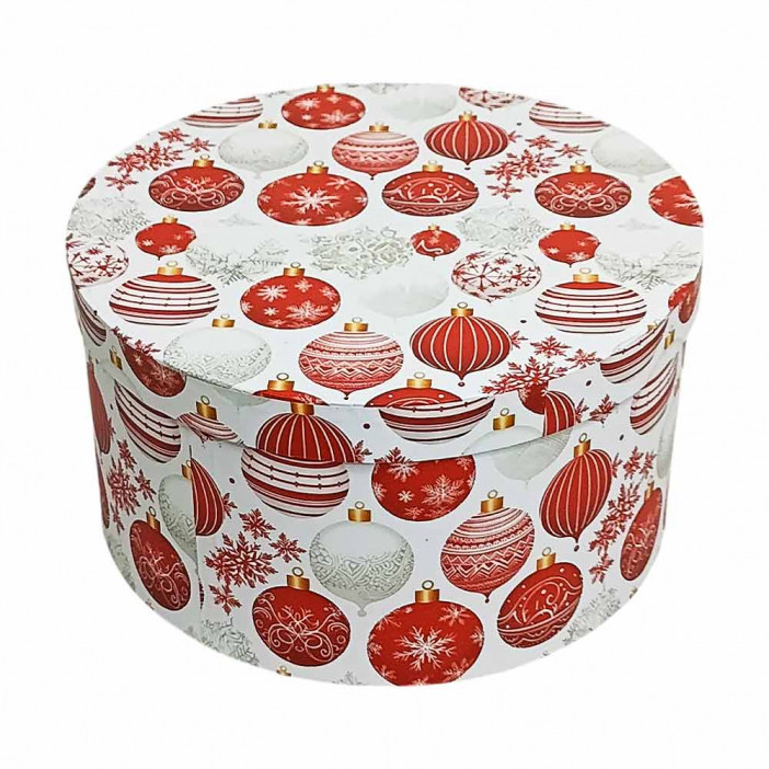 Коробка НГ круг Новогодние шары на белом размер D-32см Н-17см