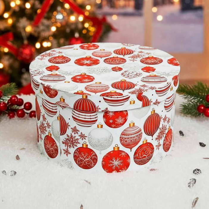 Коробка НГ круг Новогодние шары на белом размер D-32см Н-17см