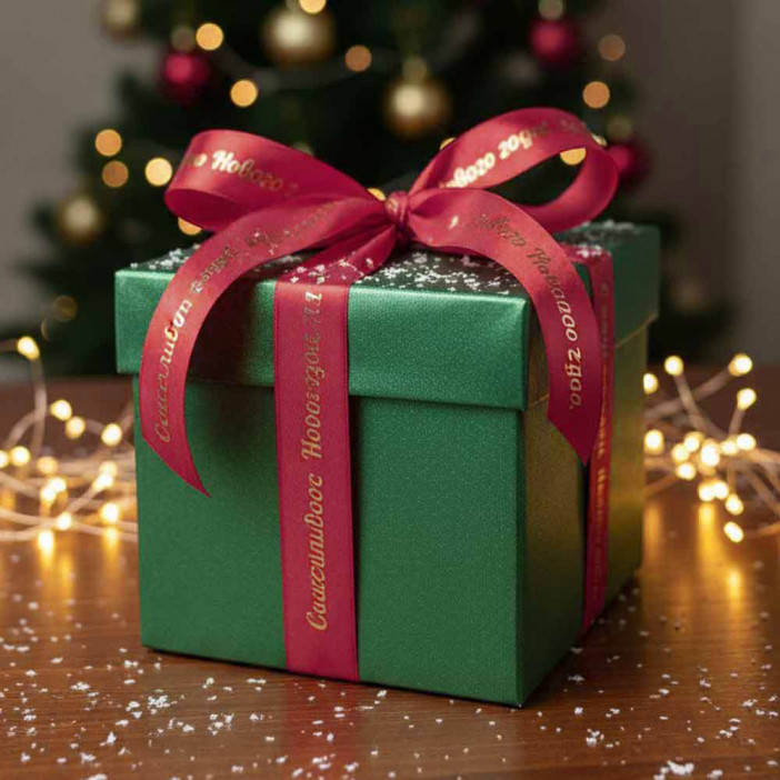 Лента атласная Счастливого Нового года пурпурно-красная размер 2,5см*23м