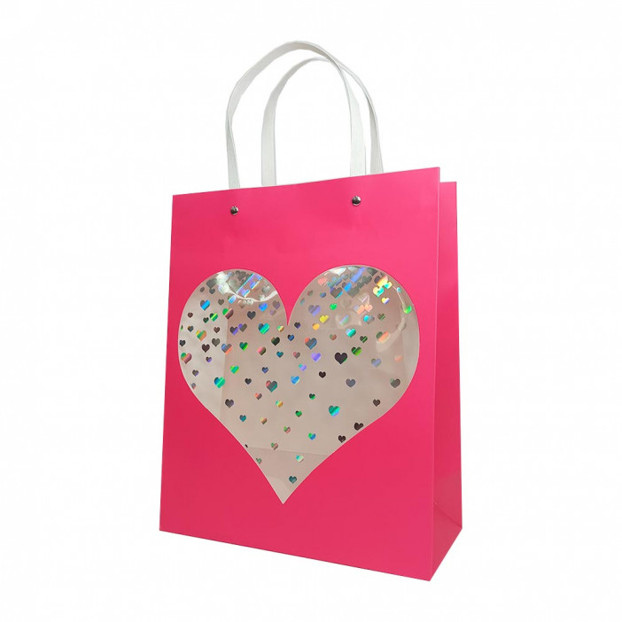 Пакет ЛЮКС Сердце прозрачное с плоской ручкой размер 26*32*12см