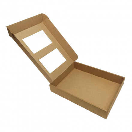 Коробка прямоугольная Крафт самосборная с двумя окнами размер 31*24*5см