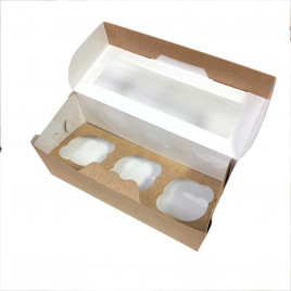 Коробка под капкейки на 3шт с окном крафт размер 250*100*100мм уп 10шт