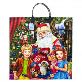 Пакет с пластмассовыми ручками Дед Мороз и дети размер 34*37см