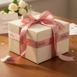 Лента атласная Поздравляем  пепельная роза размер 2,5см*23м