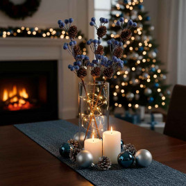 Ветка с синими ягодами и шишками Н-33см