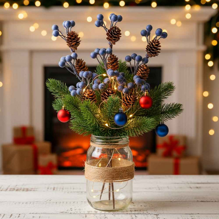 Ветка с синими ягодами и шишками Н-33см