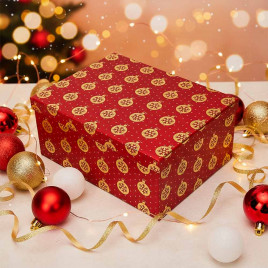 Коробка прямоугольная НГ Новогодний шар голография на красном в 10-ти размерах