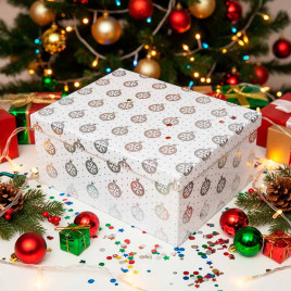Коробка прямоугольная НГ Новогодний шар голография на белом в 10-ти размерах