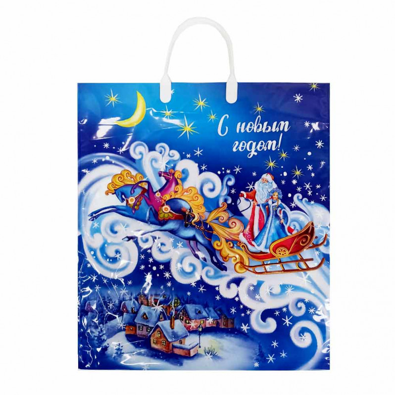 Пакет с пластмассовыми ручками Дед Мороз и Снегурочка в санях размер 40*44см 10шт