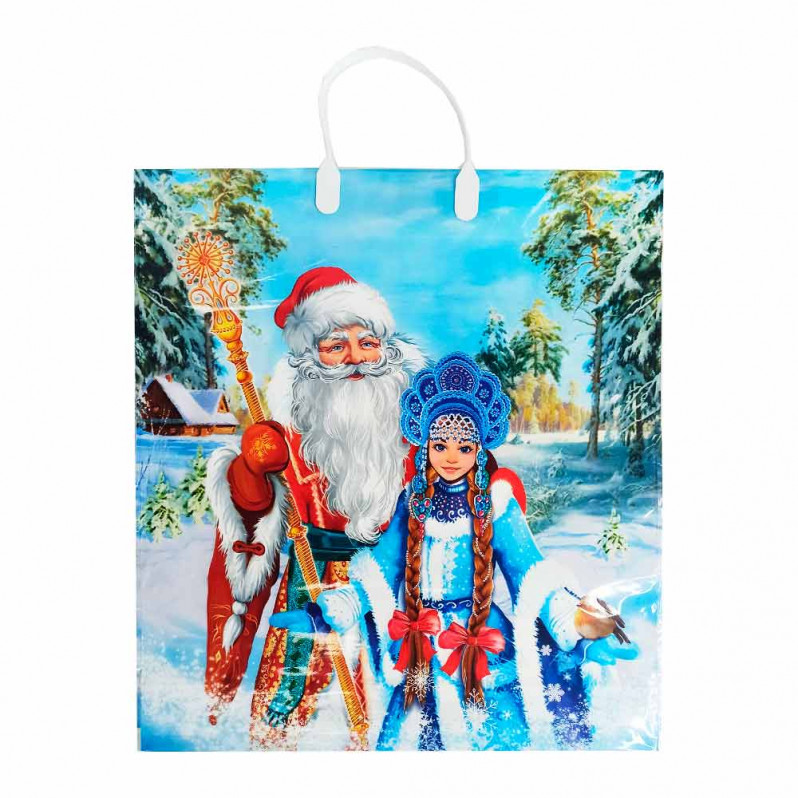 Пакет с пластмассовыми ручками Дед Мороз и Снегурочка размер 40*44см 10шт