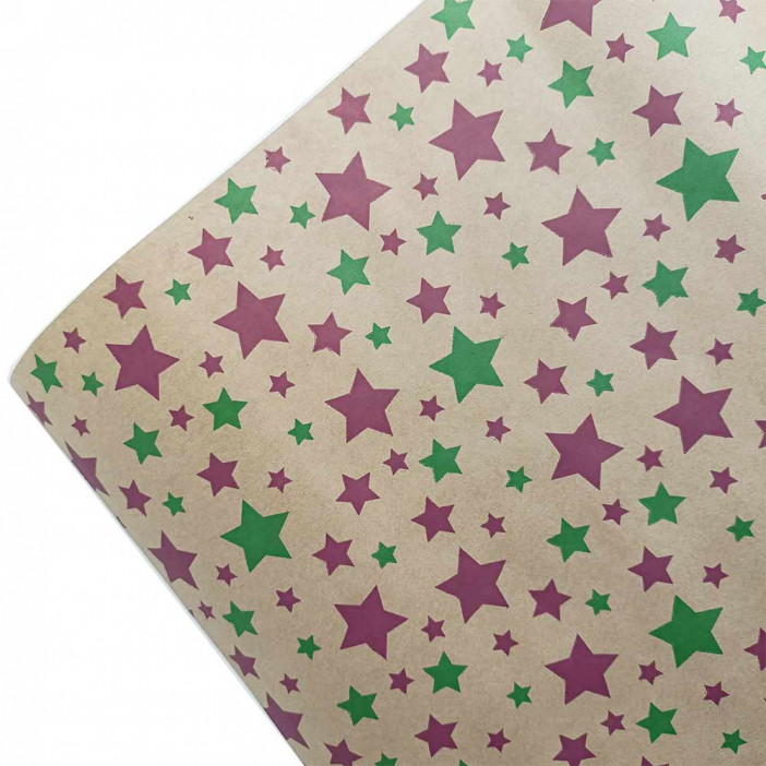 Бумага крафт в рулоне Звездочки пурпурные/зеленые размер 70см*10м