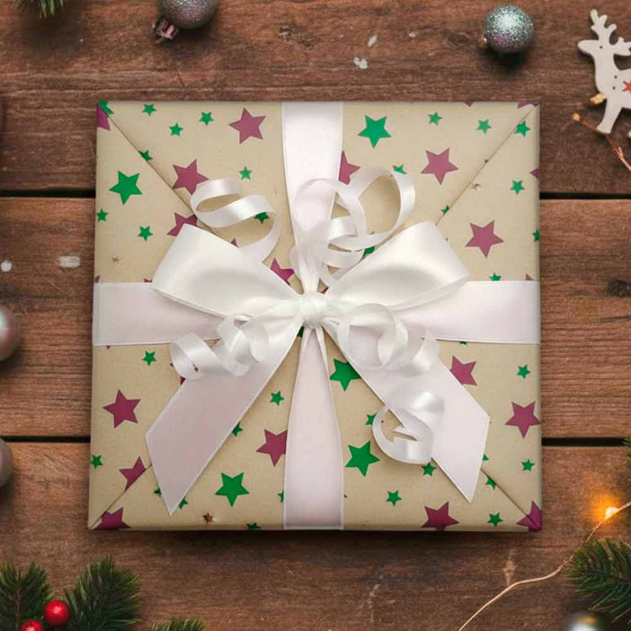 Бумага крафт в рулоне Звездочки пурпурные/зеленые размер 70см*10м