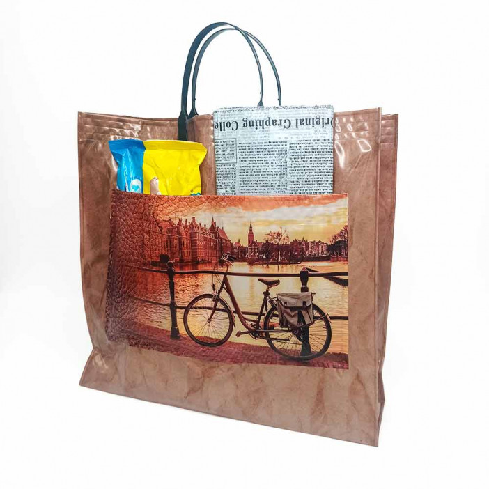 Сумка с пластмассовыми ручками многослойная с карманами Крафт 37*34с