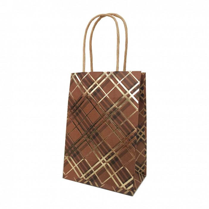 Пакет крафт Золотая клетка с крученой ручкой размер 12*17*7см