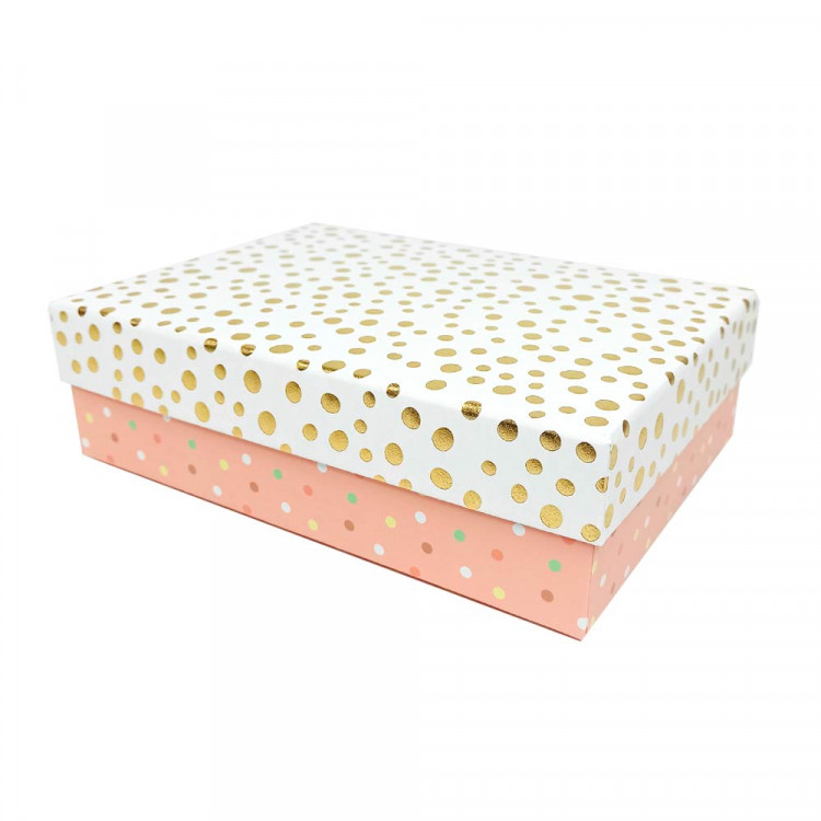 Коробка прямоугольная Конфетти с золотом персиковая размер 37*27*11см ...