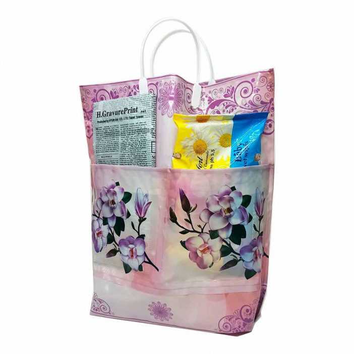 Сумка с пластмассовыми ручками многослойная с карманами Магнолия 37*37см