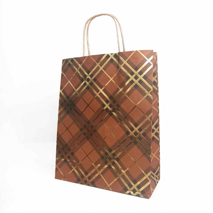 Пакет крафт Золотая клетка с крученой ручкой размер 25*31*11см