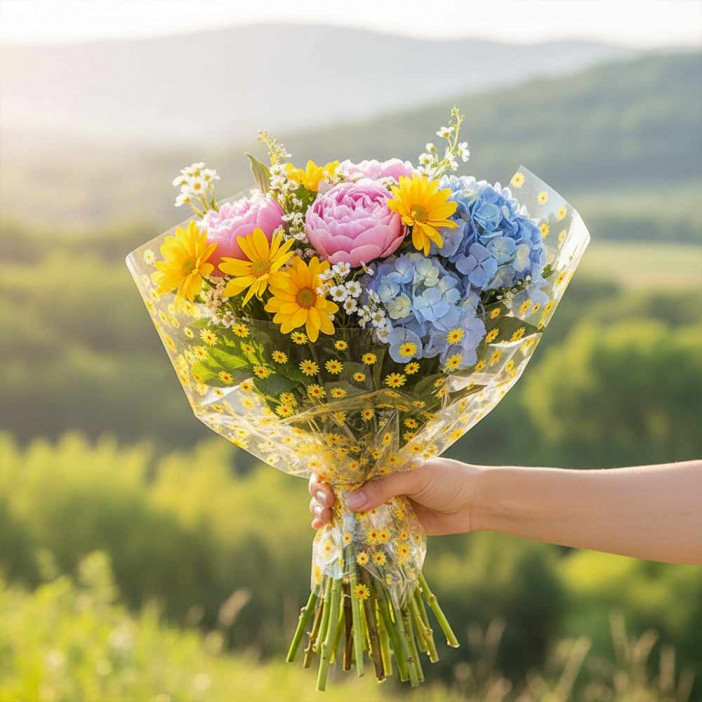 Пленка в рулоне с рисунком Маргаритки желто-красные размер 70см