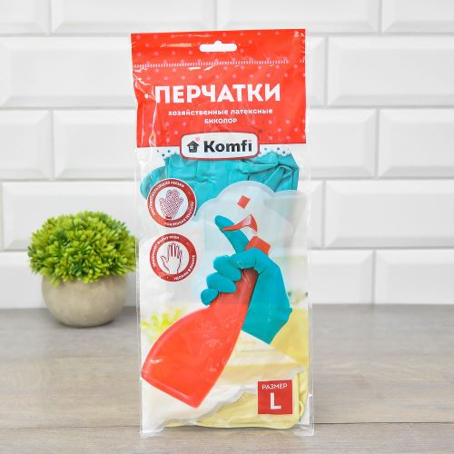 Перчатки хозяйственные латексные Биколор Комфи бирюзово-бежевые 1 пара M, L