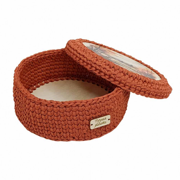 Шкатулка вязаная круглая розовая D21см L8см