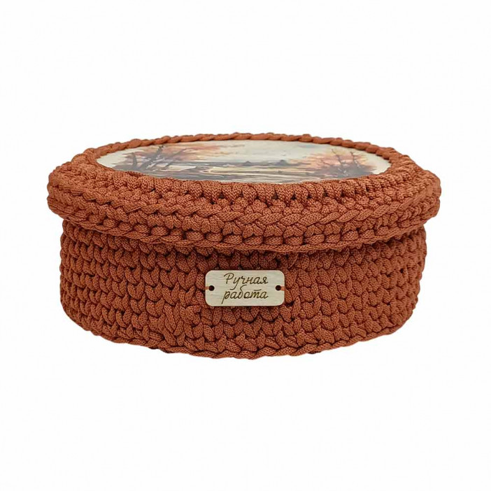 Шкатулка вязаная круглая розовая D21см L8см