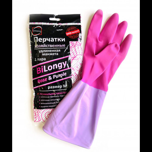 Перчатки хозяйственные латексные розово-пурпурные удлиненные 1 пара M, L  
