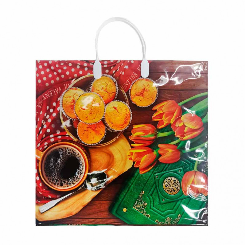 Пакет с пластмассовыми ручками 36*40см Тюльпаны и кофе 10шт