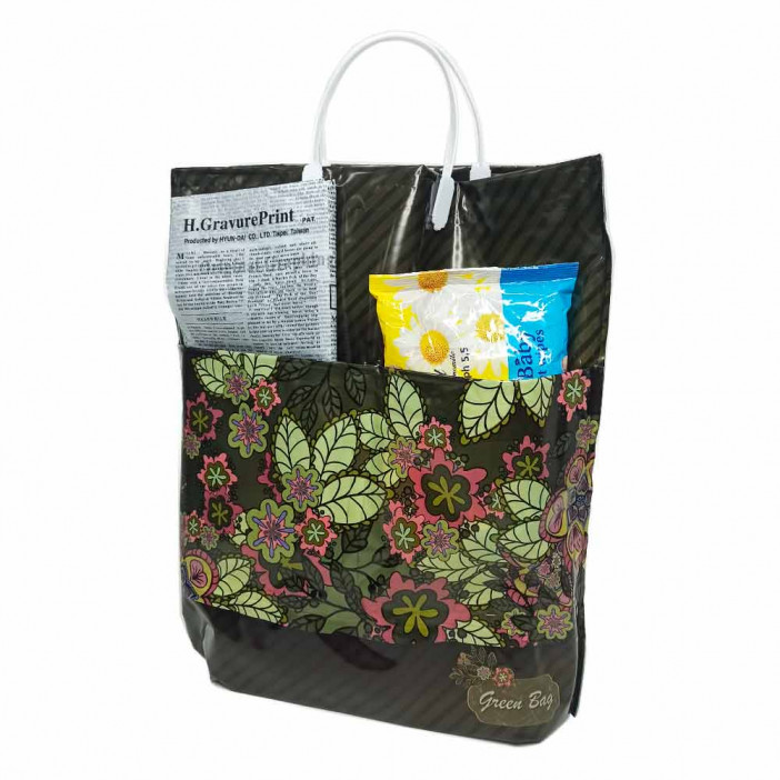 Сумка с пластмассовыми ручками многослойная с карманами Зеленые листья 37*37см