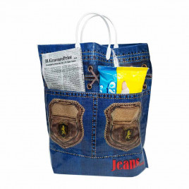 Сумка с пластмассовыми ручками многослойная с карманами Джинс 37*37см