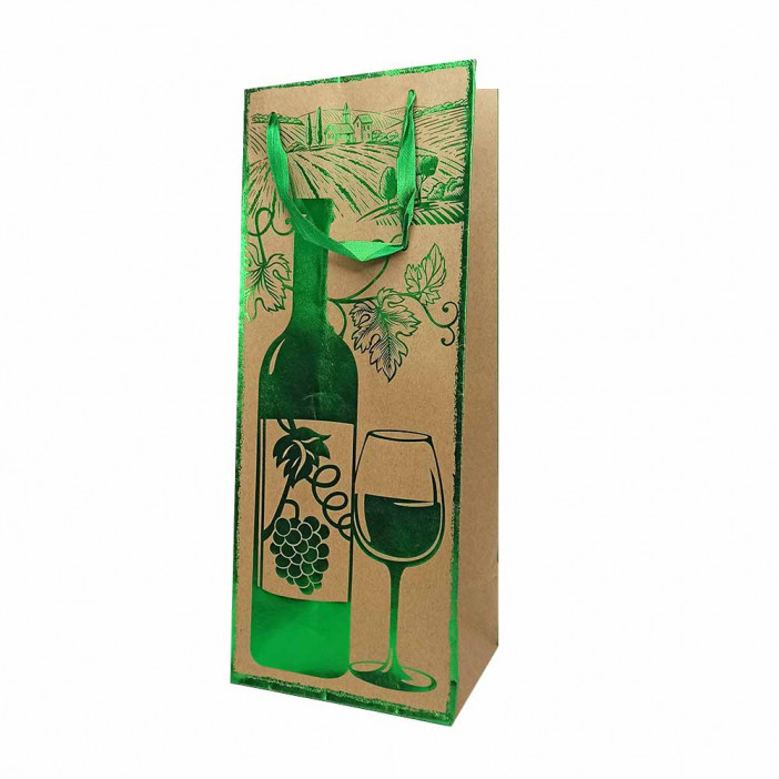 Пакет под бутылку КРАФТ с метал рисунком размер 14*35*11см