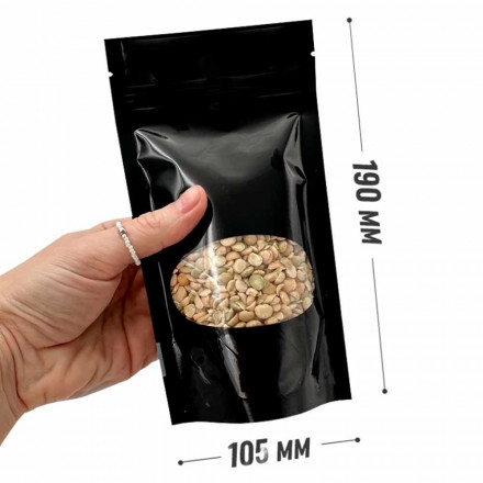 Дой-пак черный с овальным окном с замком zip-lock 105*190мм (35+35) уп 10шт