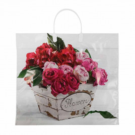 Пакет с пластмассовыми ручками 36*40см Цветы в ящике 10шт