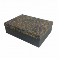 Коробка прямоугольная Цветы с золотым тиснением серо-черная размер 37*27*11см