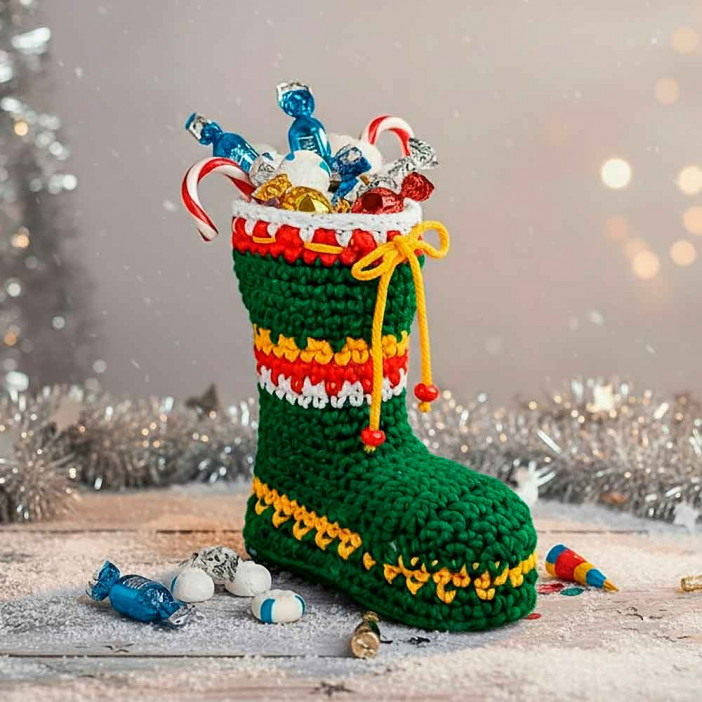 Сапожок новогодний вязаный зеленый H-20см