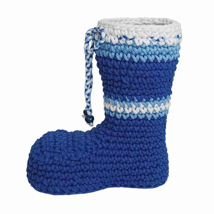 Сапожок новогодний вязаный синий 18*20см