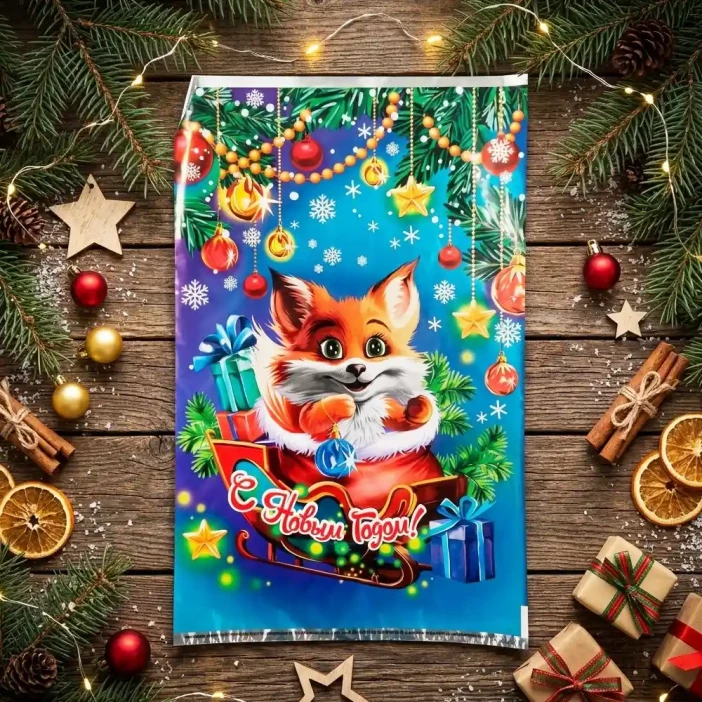 Пакет фольга Лиса в санях 25*40см уп 100шт
