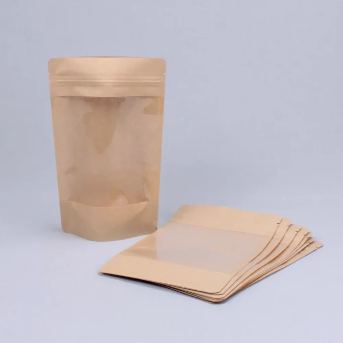 Дой-пак бумажный крафт с окном с замком zip-lock 120*185+(35+35) 90мм уп 10шт